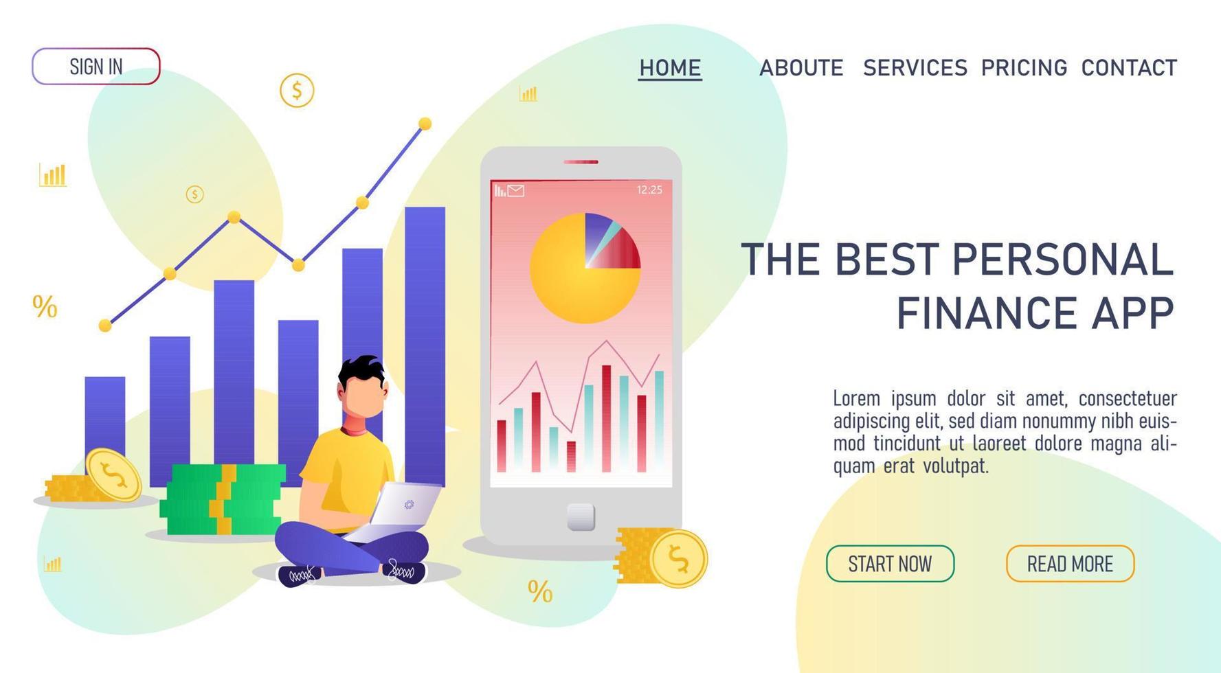 Diagram, phone, coins and sitting man. Profit, making money, finance app, business, investment analysis concept. Vector illustration for banner, poster, website.