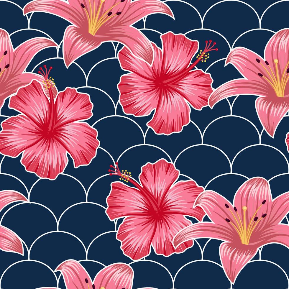 Floral seamless pattern with lined geometric shapes. tropical background vector