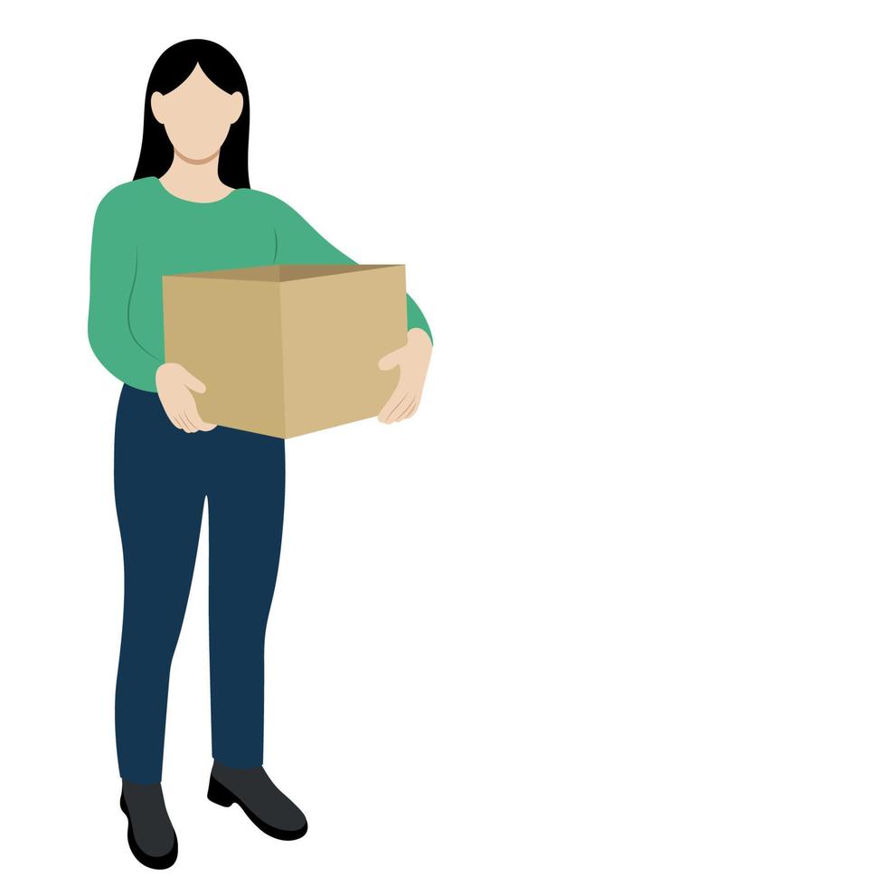 chica sosteniendo una caja grande con ambas manos, vector plano, aislada en blanco, ilustración sin rostro, entrega, movimiento