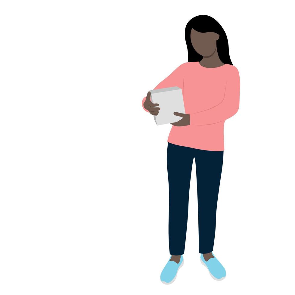 retrato de una chica negra en pleno crecimiento con una pequeña caja gris en las manos, vector plano, aislado en blanco, ilustración sin rostro, entrega, minimalismo