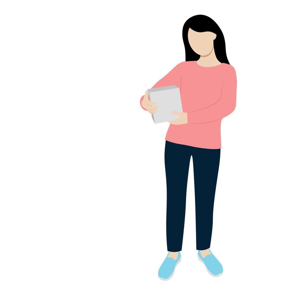 Portrait of a girl in full growth with a small gray box in her hands, flat vector, isolate on white, faceless illustration, delivery, minimalism vector