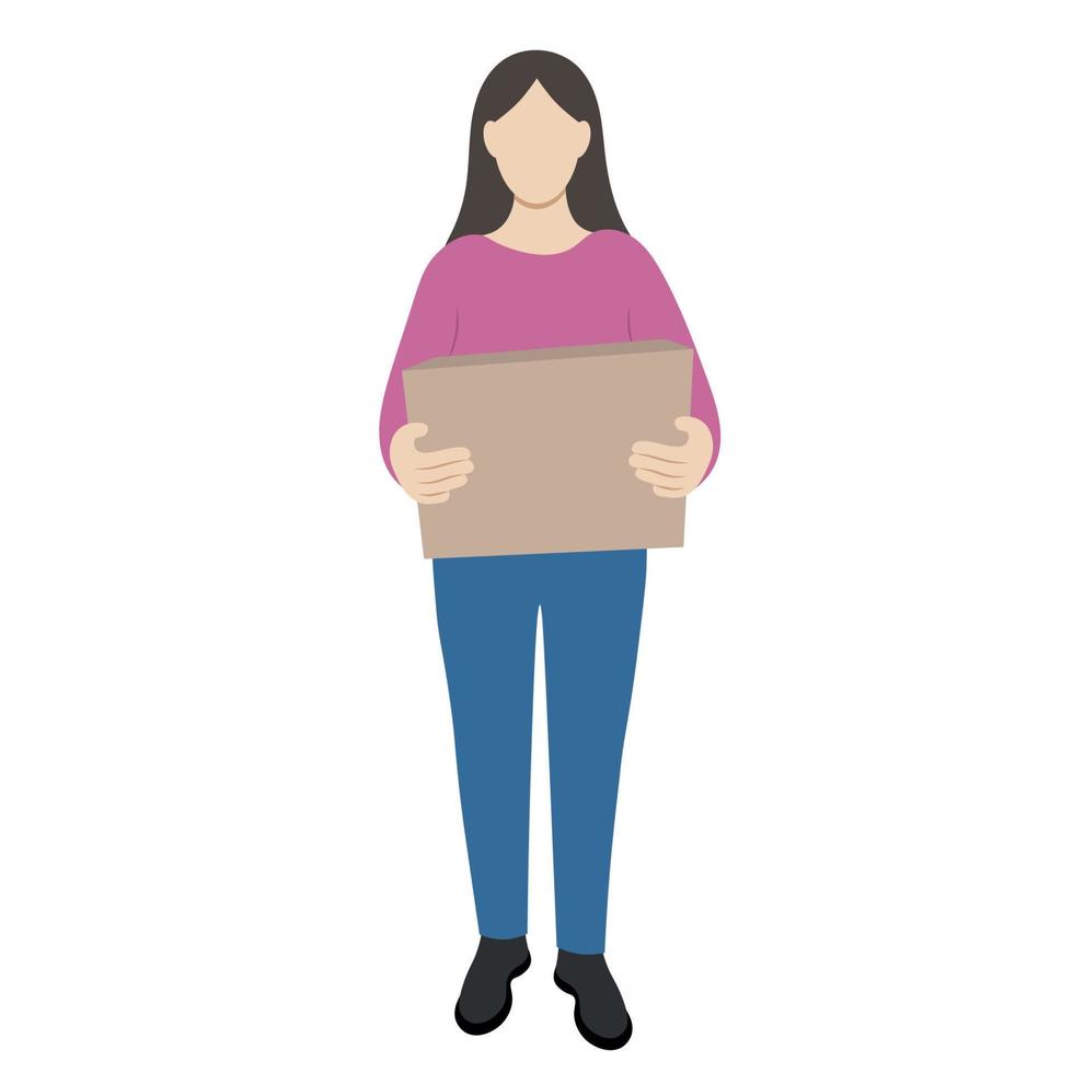 Girl with a big box in her hands, flat vector, isolate on white, faceless illustration, delivery, moving vector