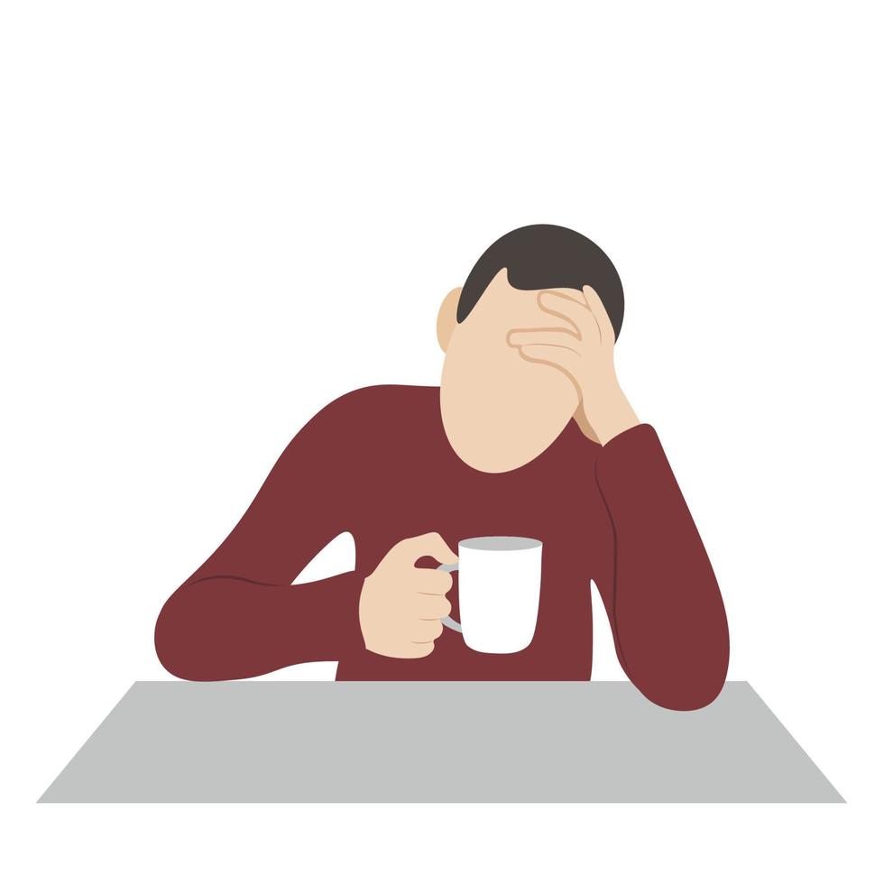 retrato de un tipo triste con una taza en las manos en la mesa, vector plano, aislado en blanco, ilustración sin rostro, pausa para el café