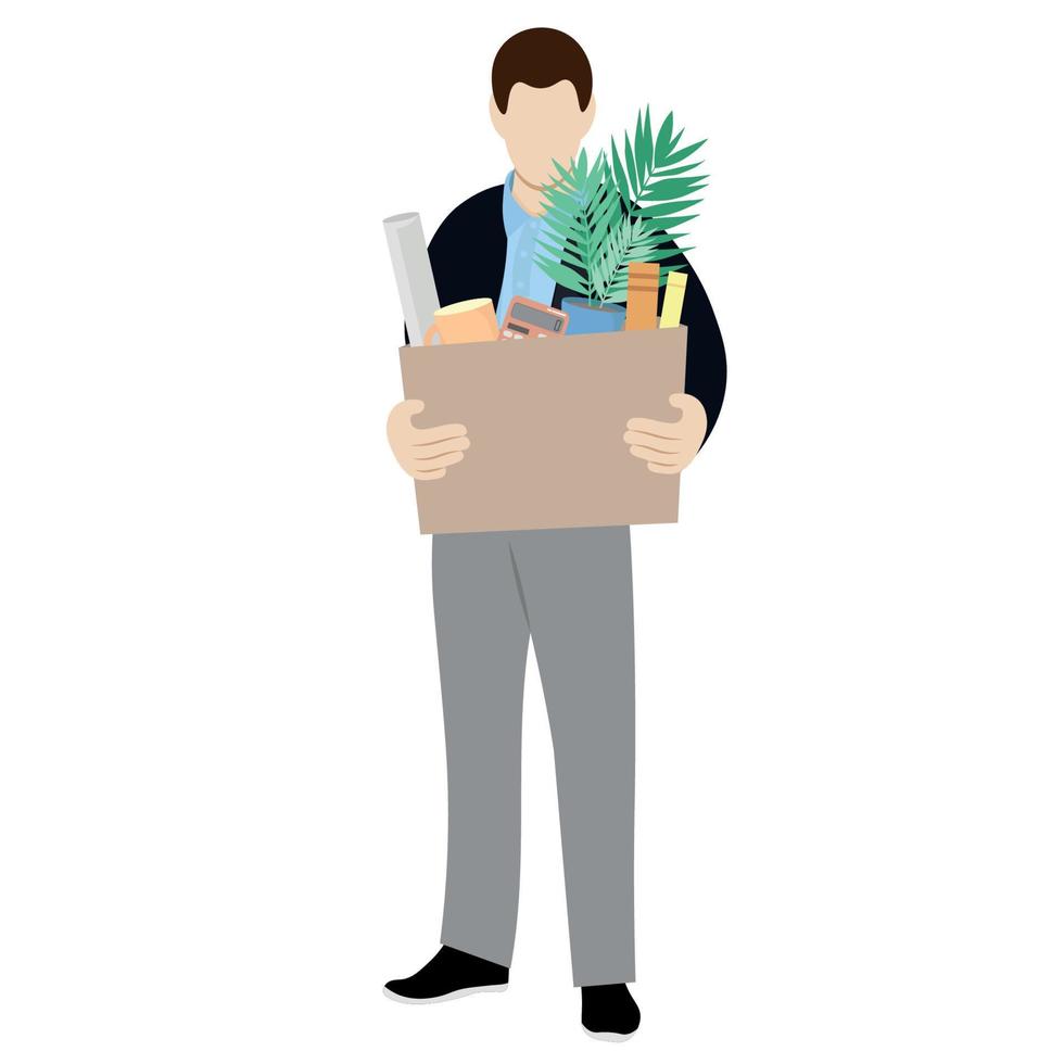 retrato de un tipo en pleno crecimiento con una gran caja en las manos, una caja con pertenencias personales, vector plano, aislado en blanco, ilustración sin rostro, despido del trabajo, minimalismo