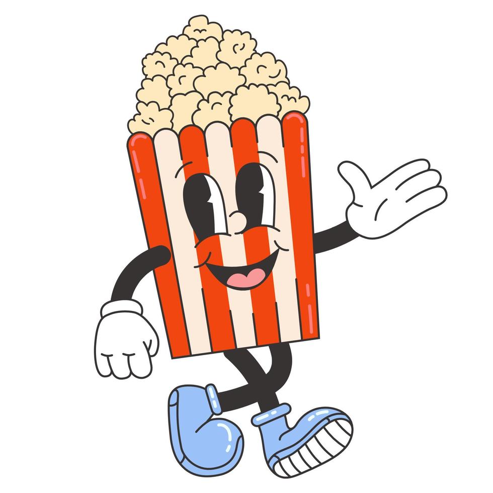 Hand drawn trendy retro cartoon character. Illustration of vintage popcorn box isolated on white background. vector