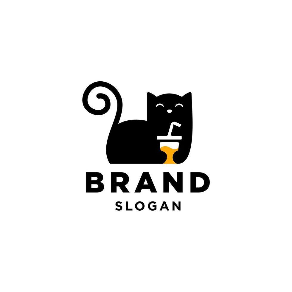 logotipo de gato y taza, gatito sosteniendo bebida de jugo con ilustración de icono de vector de dibujos animados de mascota de paja