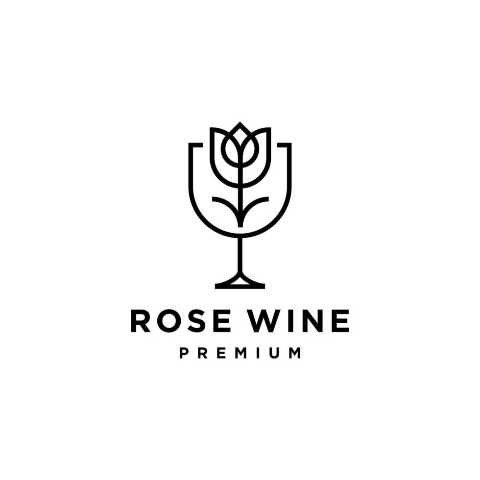 copa de vino y diseño de logotipo de línea de flor de rosa vector