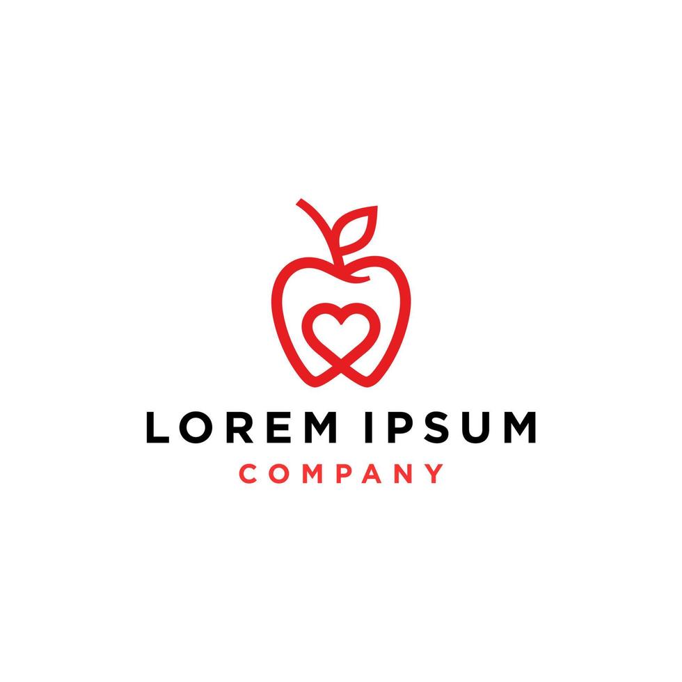 red apple with heart love logo icon in minimal simple line design style vector