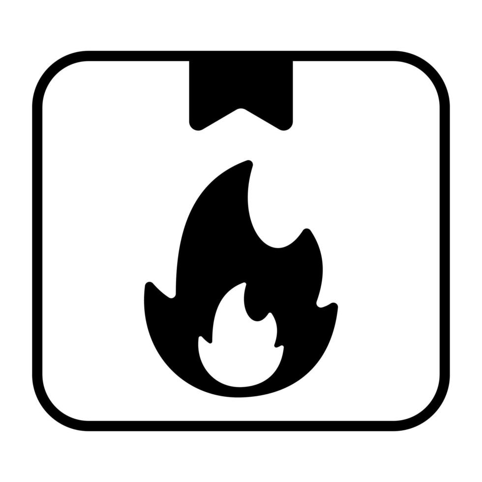 Fire flame sign with package symbolizing icon of flammable delivery vector