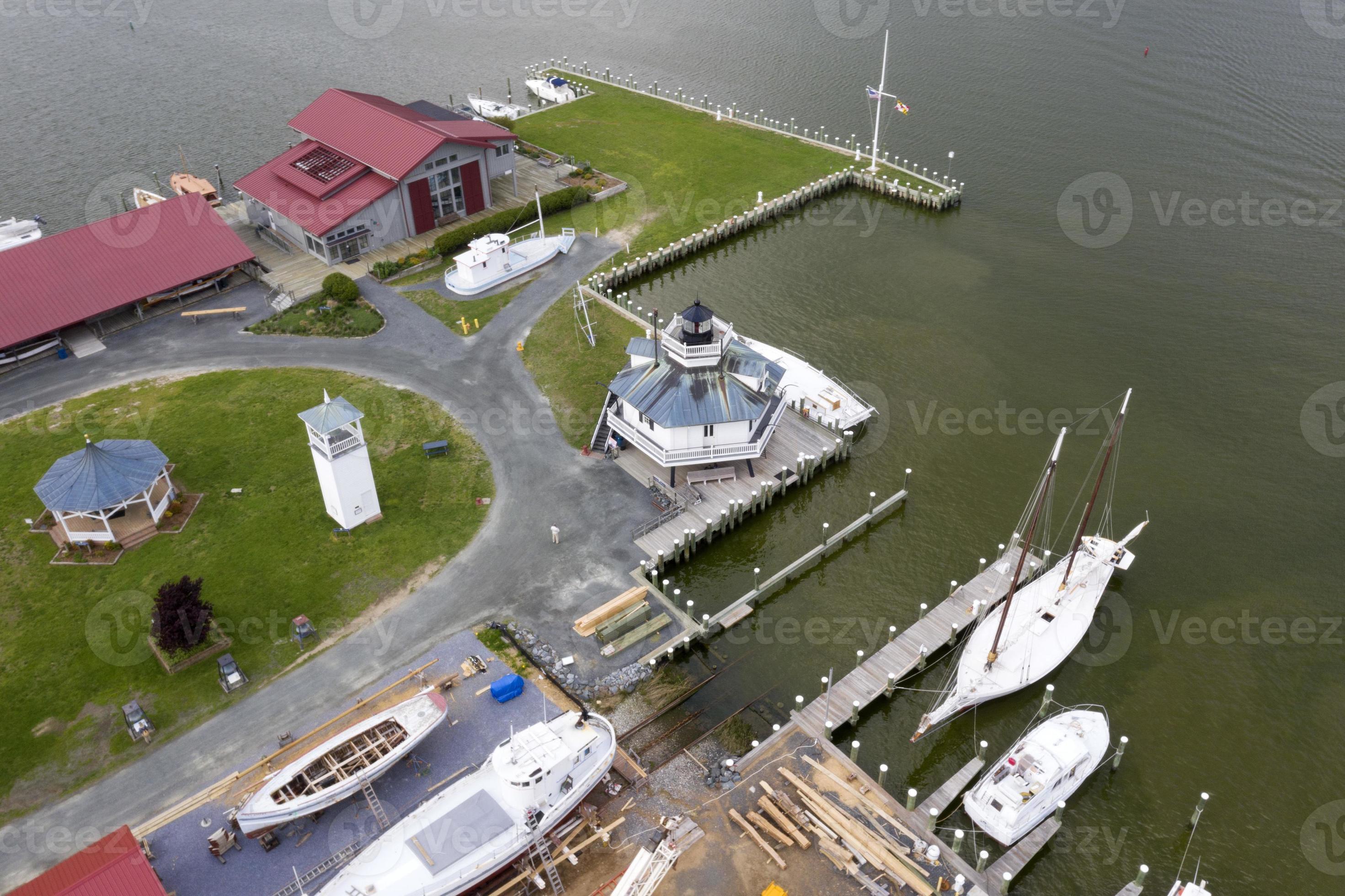ships at the docks in St. Michaels Maryland chespeake bay aerial view