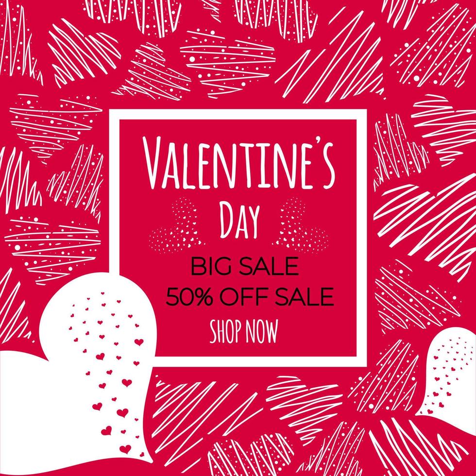 Valentines Day Sale. Banner or poster with many pink hearts and square frame. Can be add text. Hand drawn vector illustration, EPS10.