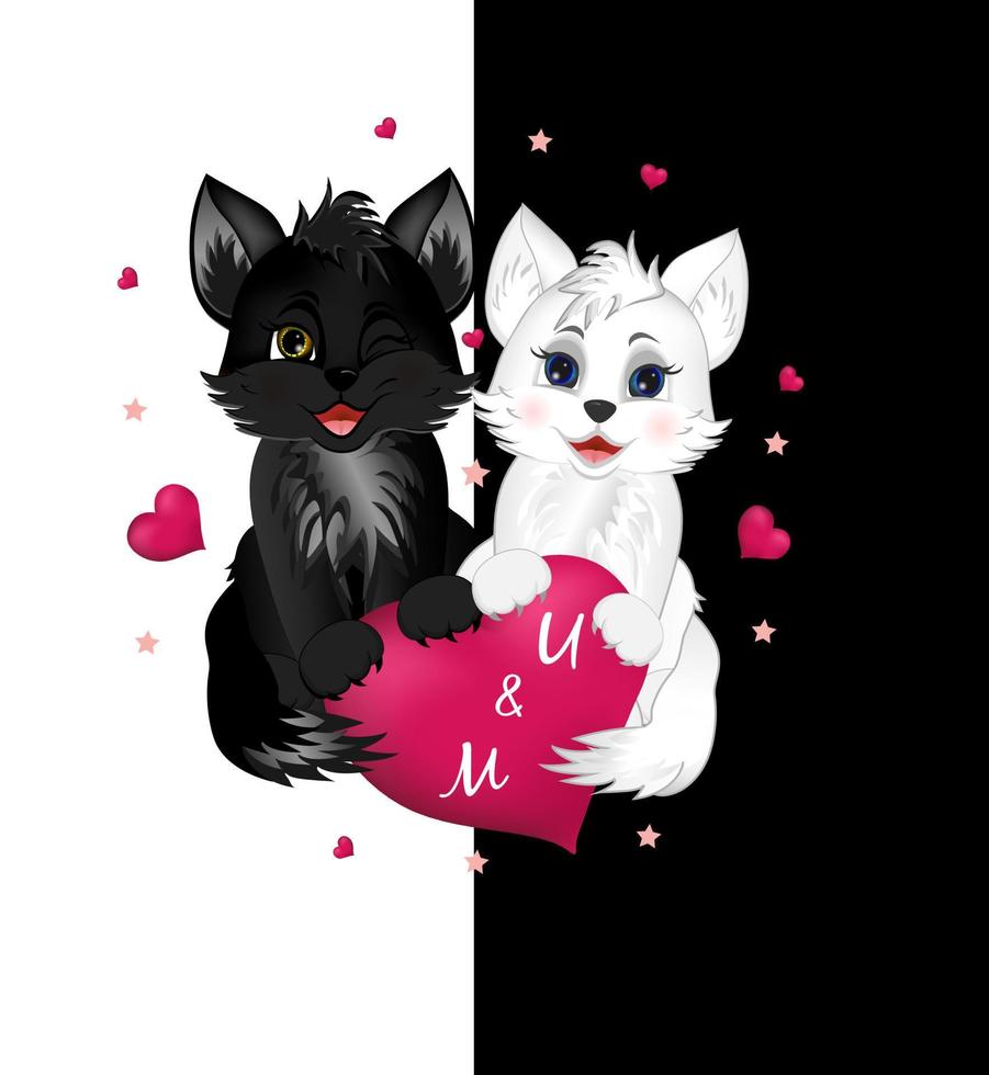 Feliz día de San Valentín. postal de felicitación con corazones rosas y pequeños gatos blancos y negros. vector