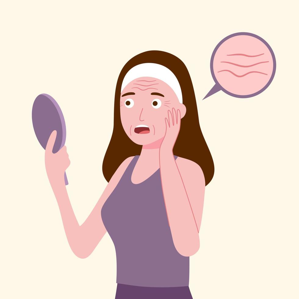 Young woman hand mirror worrying about her wrinkle on face in flat design. Wrinkle aging problem on female skin. vector