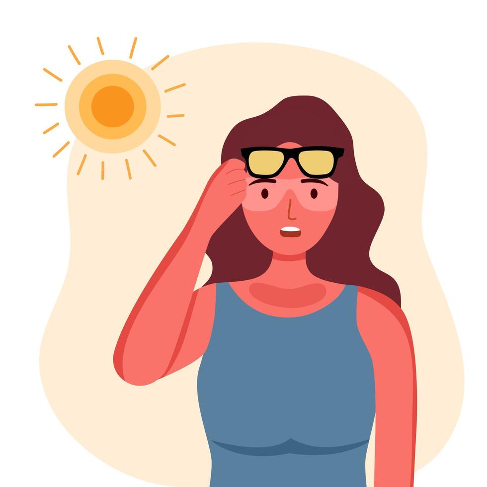 Young woman with skin sunburn under strong sunlight in flat design. vector