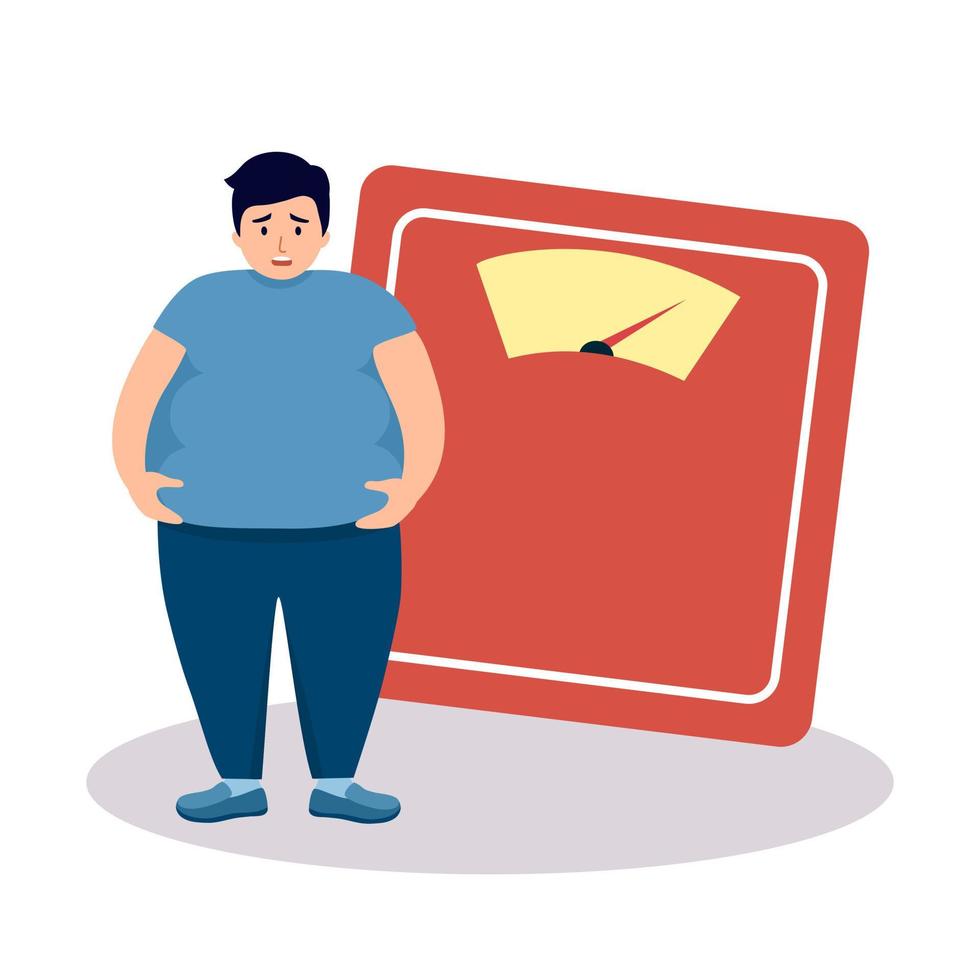 Fat man worrying about his weight in flat design on white background. vector