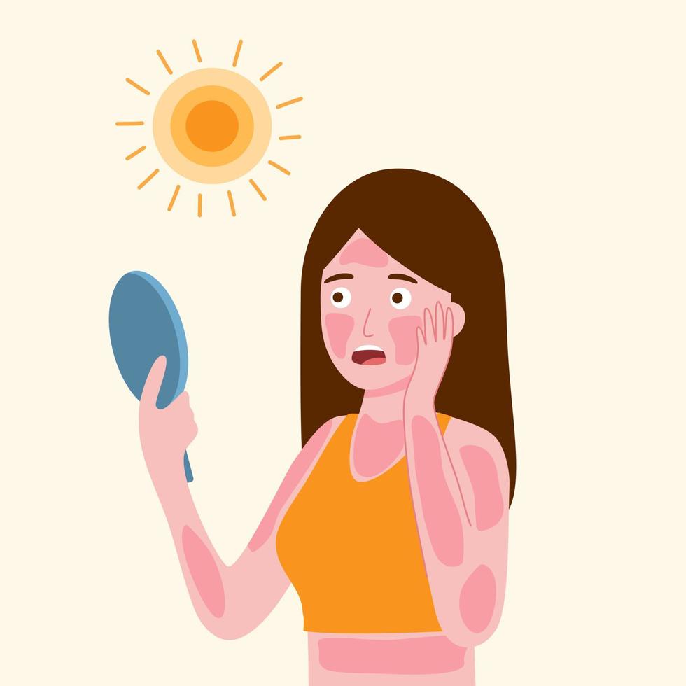 Young woman hand mirror worrying about sunburn on face and body in flat design. UV radiation damage skin in hot summer day. vector