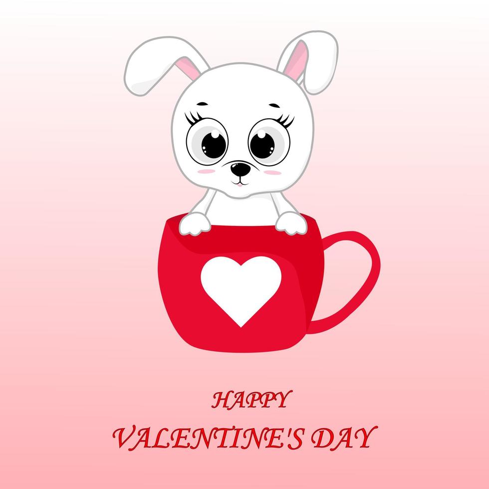 Postcard for Valentine's Day.Cute bunny in a cup with heart. Design element for greeting cards, love banner, decor vector