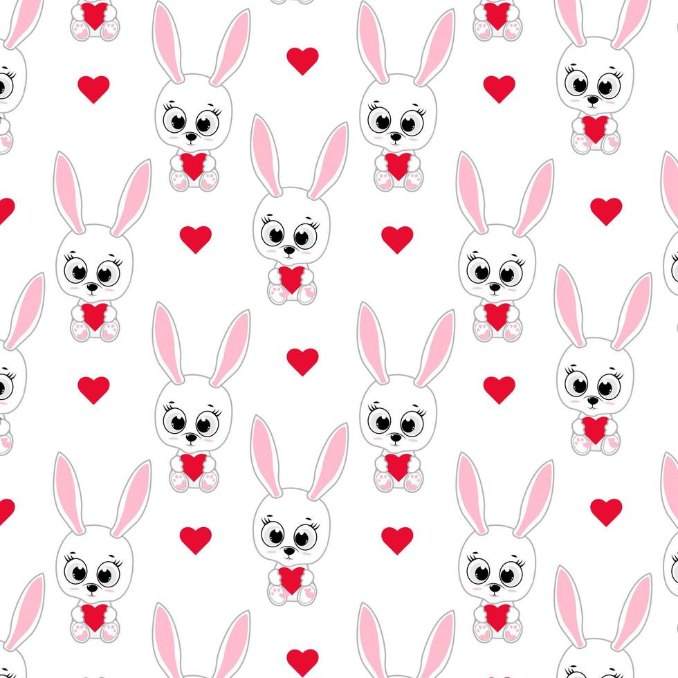 Seamless patern for Valentine's Day.Cute bunny with red heart. Design for greeting cards, love banner, decor vector