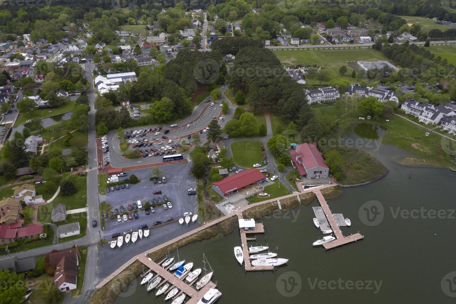 ships at the docks in St. Michaels Maryland chespeake bay aerial view panorama photo