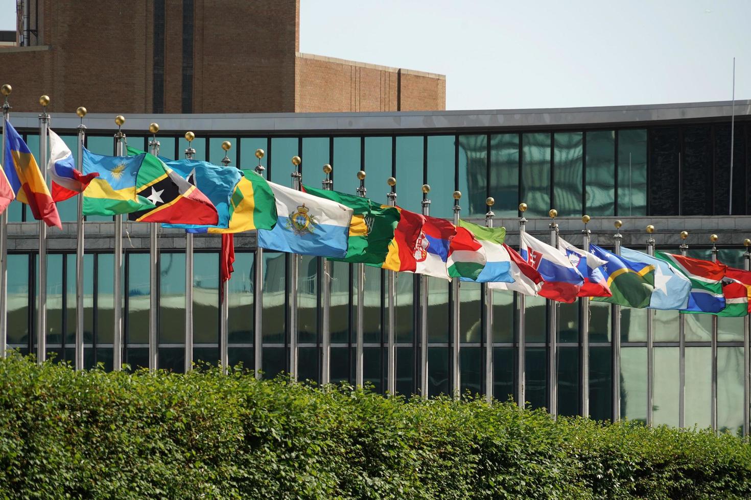 flags outside united nations building in new york, 2022 photo