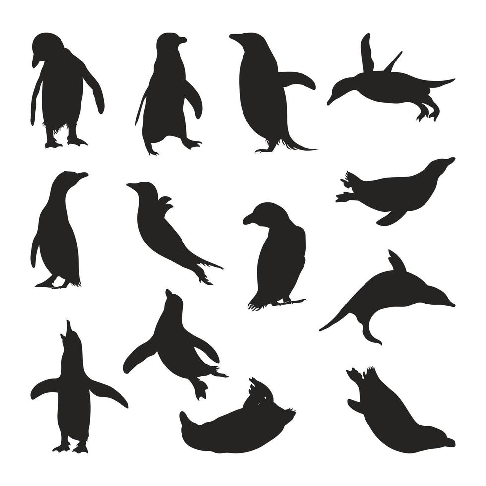 Set of penguin animal silhouettes of various styles vector