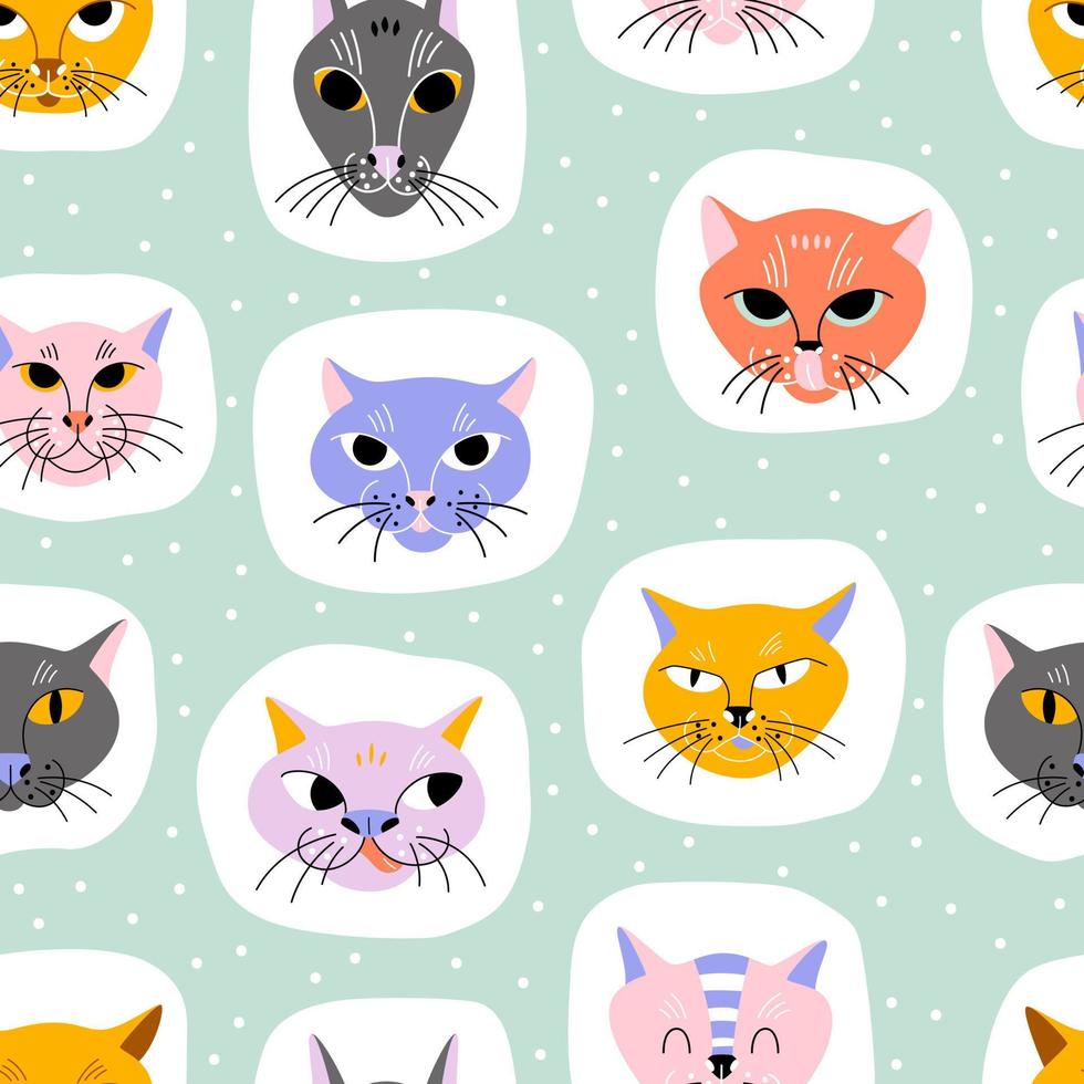 Cute faces of cats on a mint background in square shapes. Vector seamless pattern with funny pets