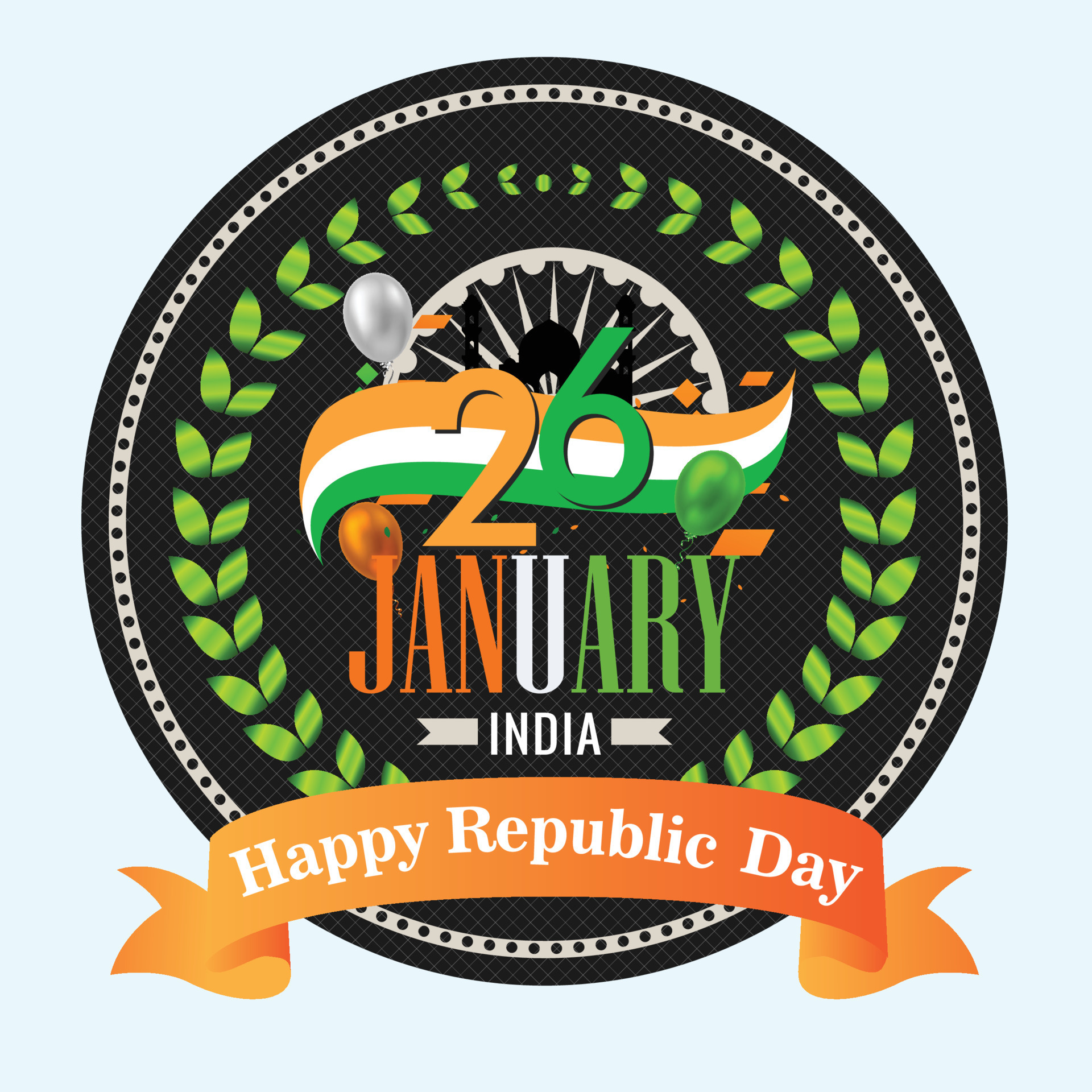 Indian republic Day celebrations with 26th January india text and Ahoka Wheel, with indian flag