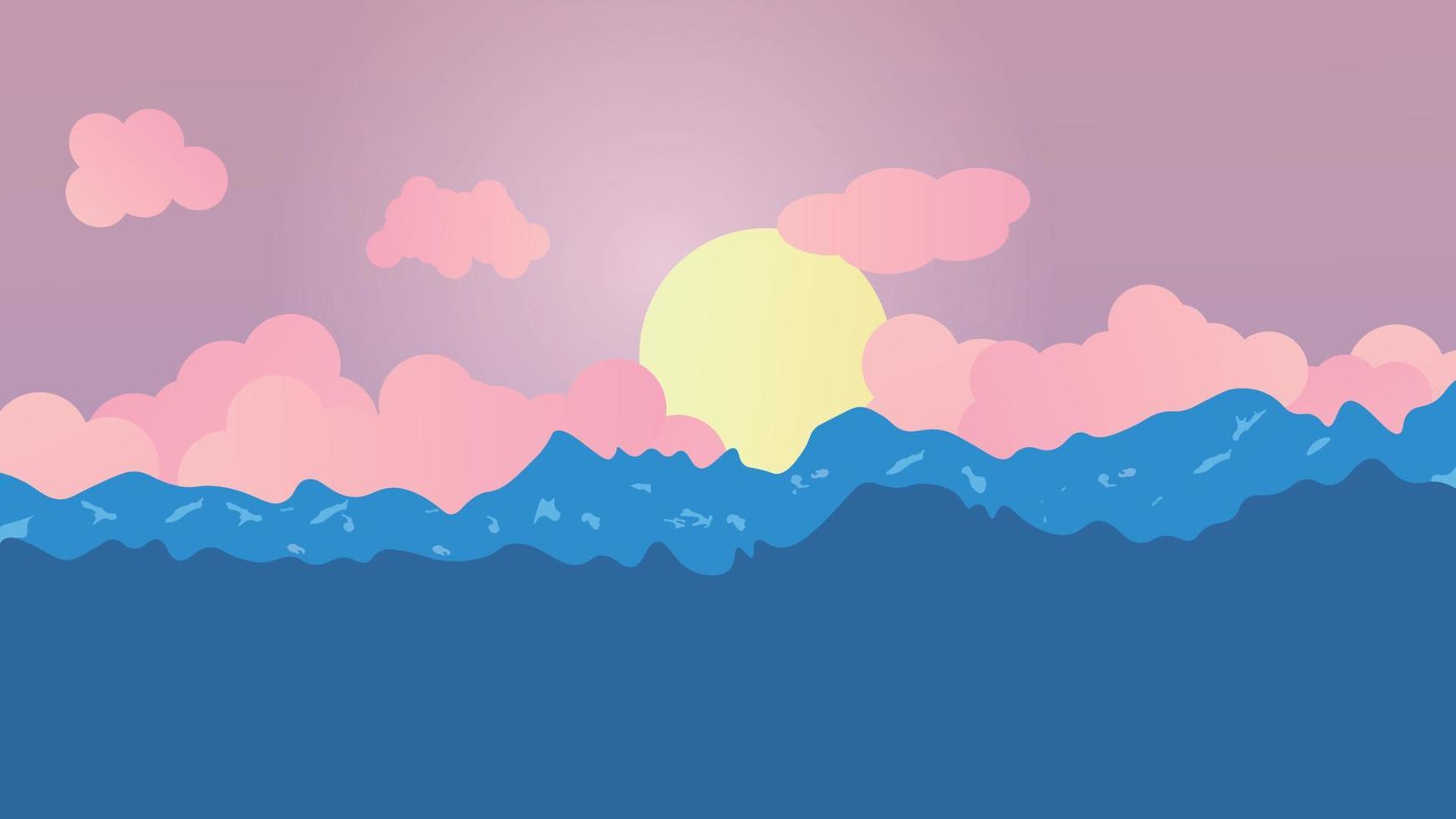 paisaje al atardecer, con montañas y nubes vector