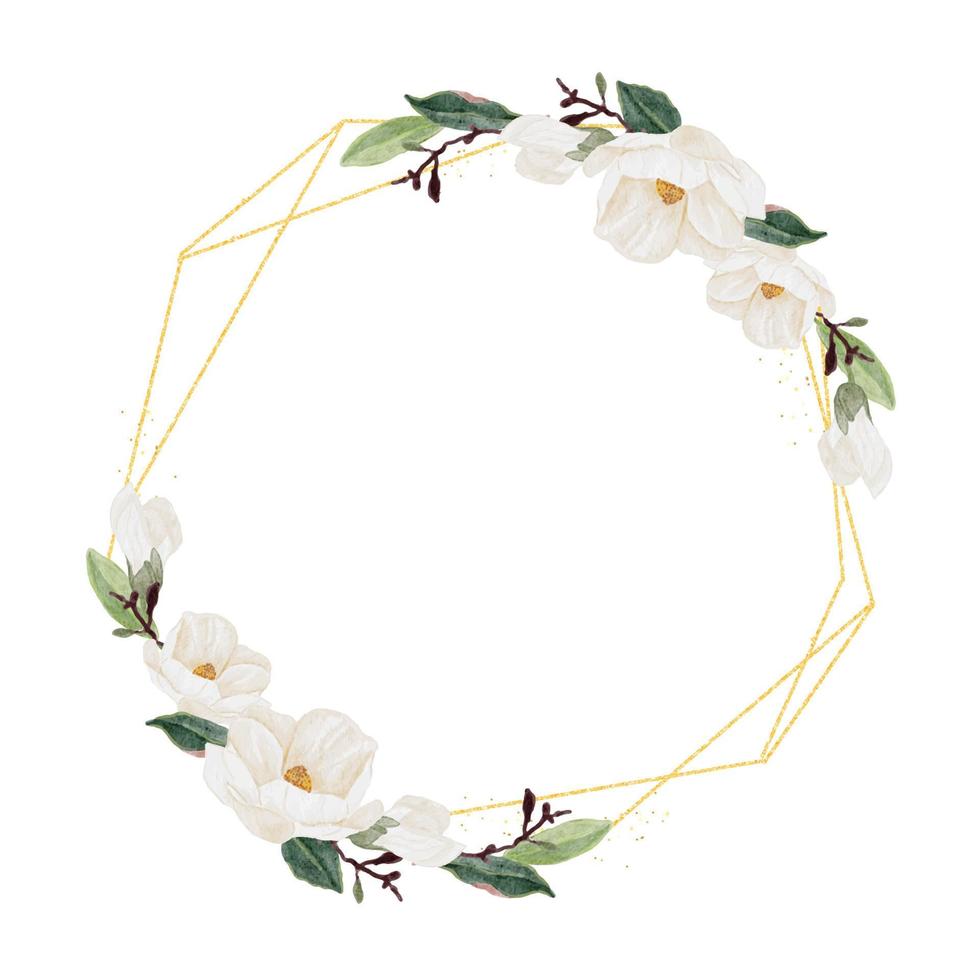 watercolor white magnolia flower and leaf bouquet clipart wreath with gold glitter frame vector
