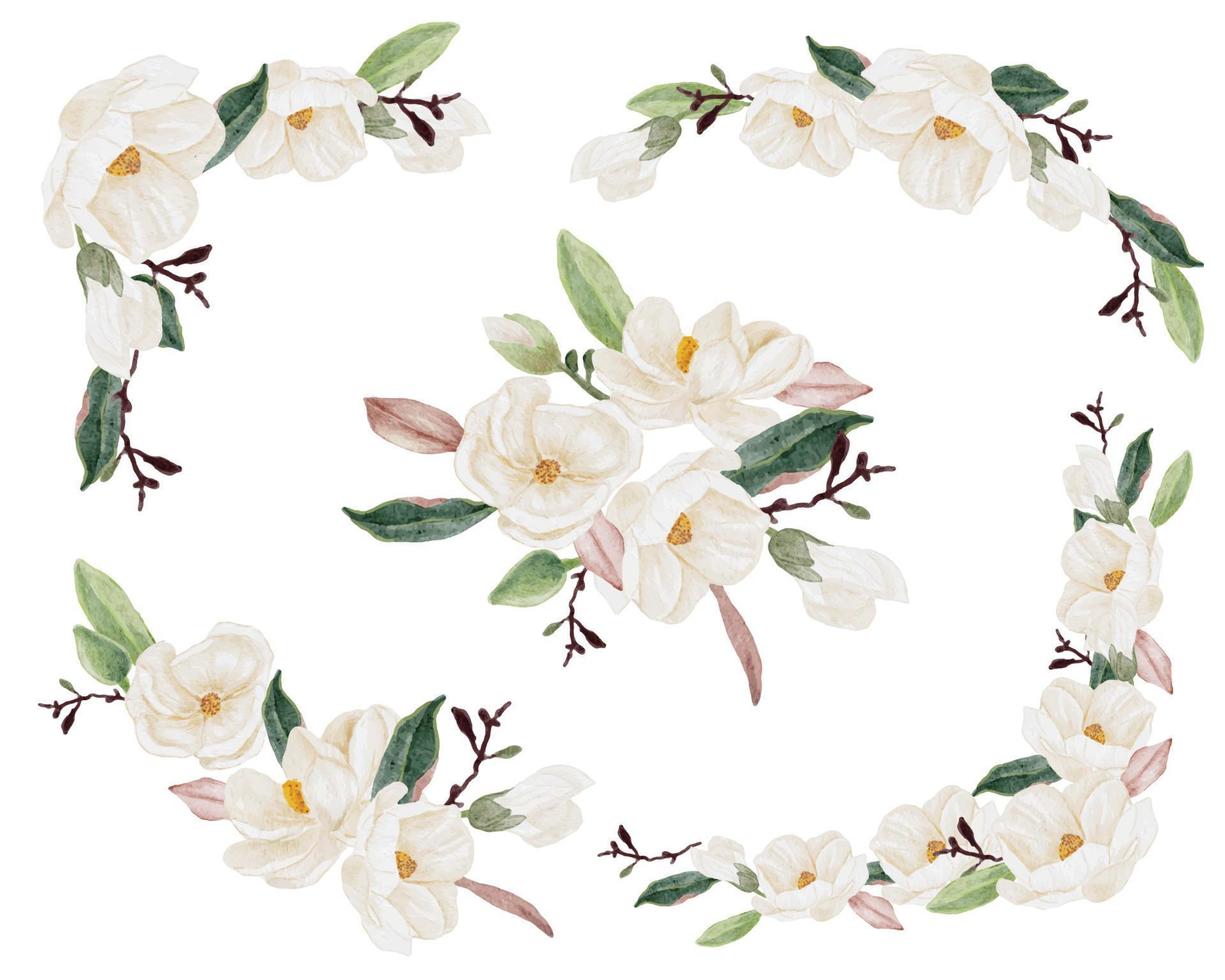 watercolor white magnolia flower and leaf bouquet clipart collection isolated on white background vector