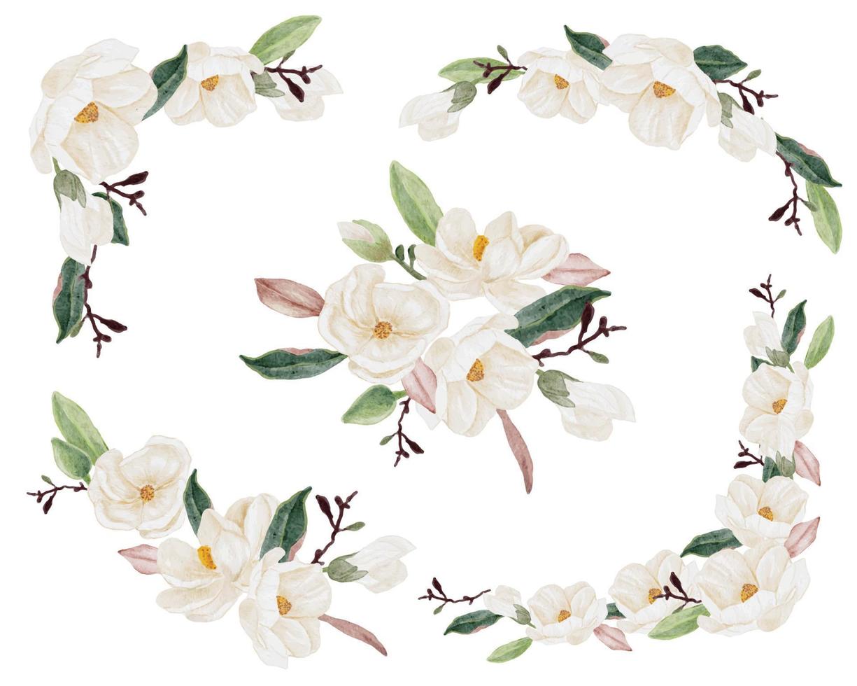 colección de imágenes prediseñadas de ramo de flores y hojas de magnolia blanca acuarela aislada sobre fondo blanco vector