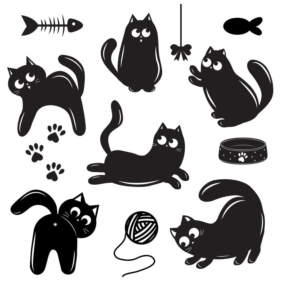 un conjunto de siluetas de lindos personajes de gatos, ilustración vectorial aislada vector