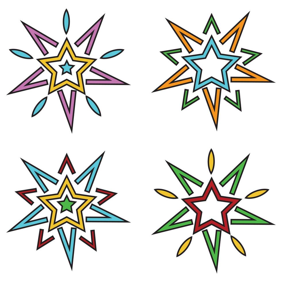 A set of cartoon colorful vector illustrations of stars isolated on a white background.