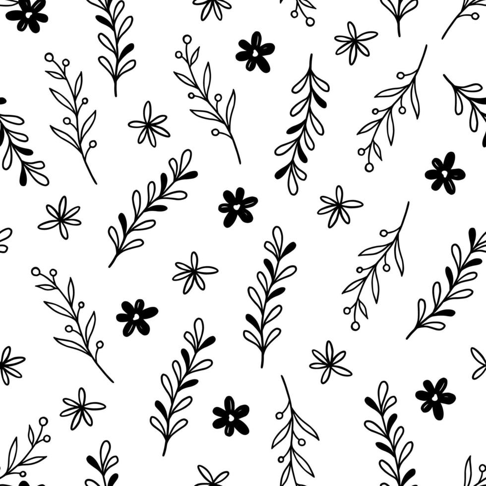 Hand drawn leaf, flower seamless pattern vector