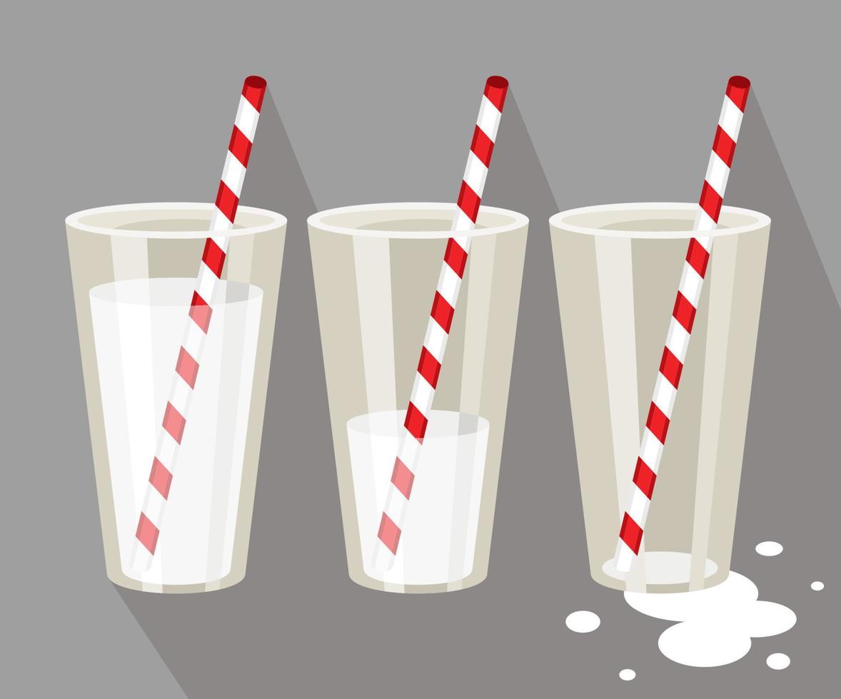 Set of milk glasses with straw in steps between full and empty vector