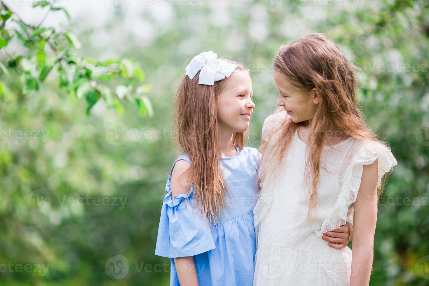 Adorable little girls in blooming apple tree garden on spring day photo