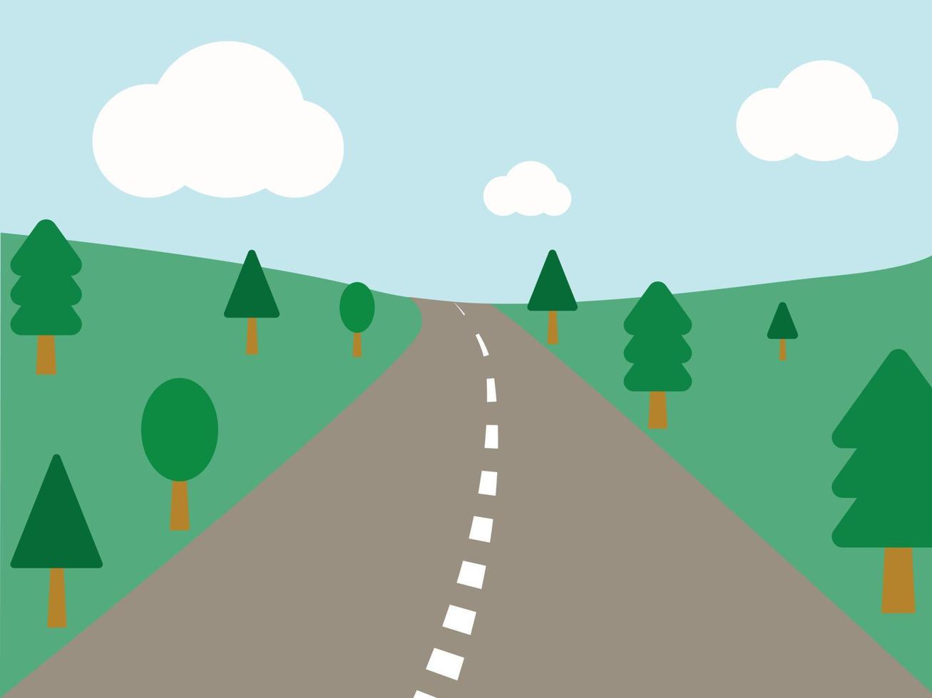 Illustration of road and tree and white clouds on blue sky vector