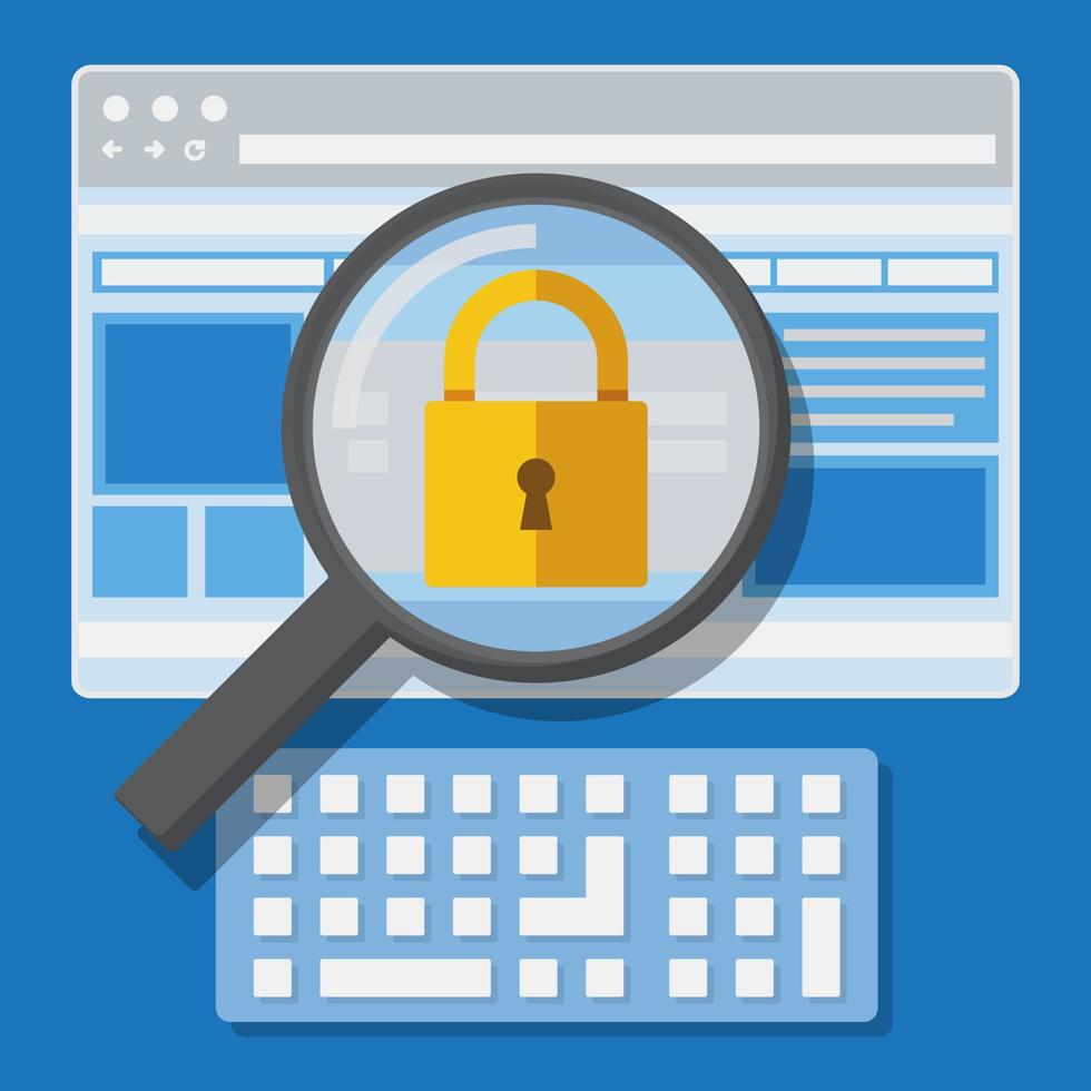 magnifying glass zoom padlock and key with web browser background vector