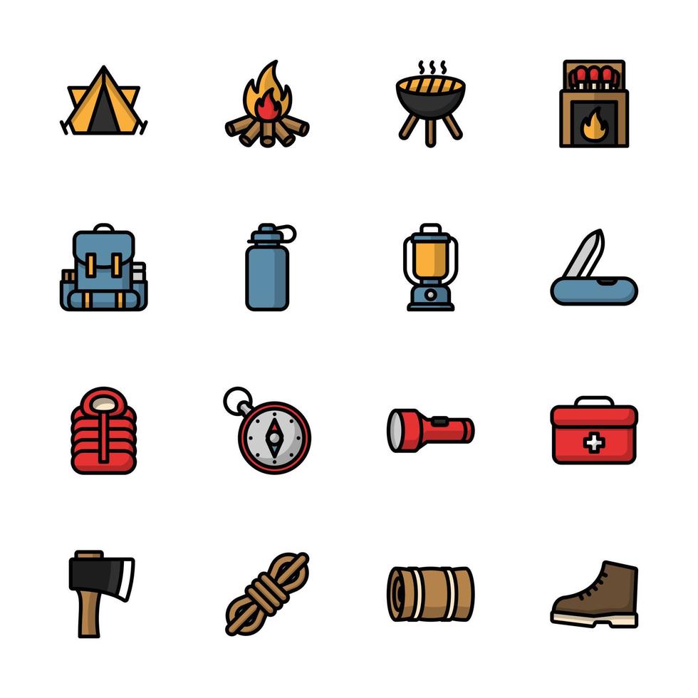 Camping icon, Hiking lineal color icon set. vector