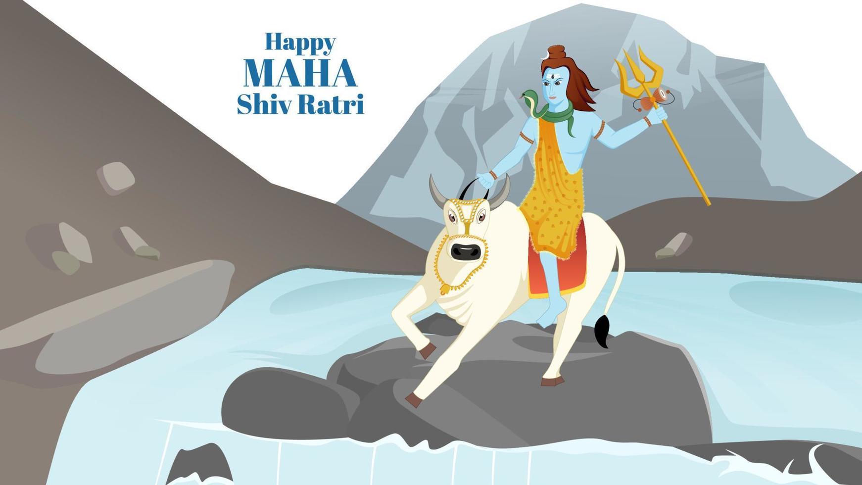 Shivji with Nandi crossing river on kailash parvat background, Happy Maha Shiv Ratri vector. vector