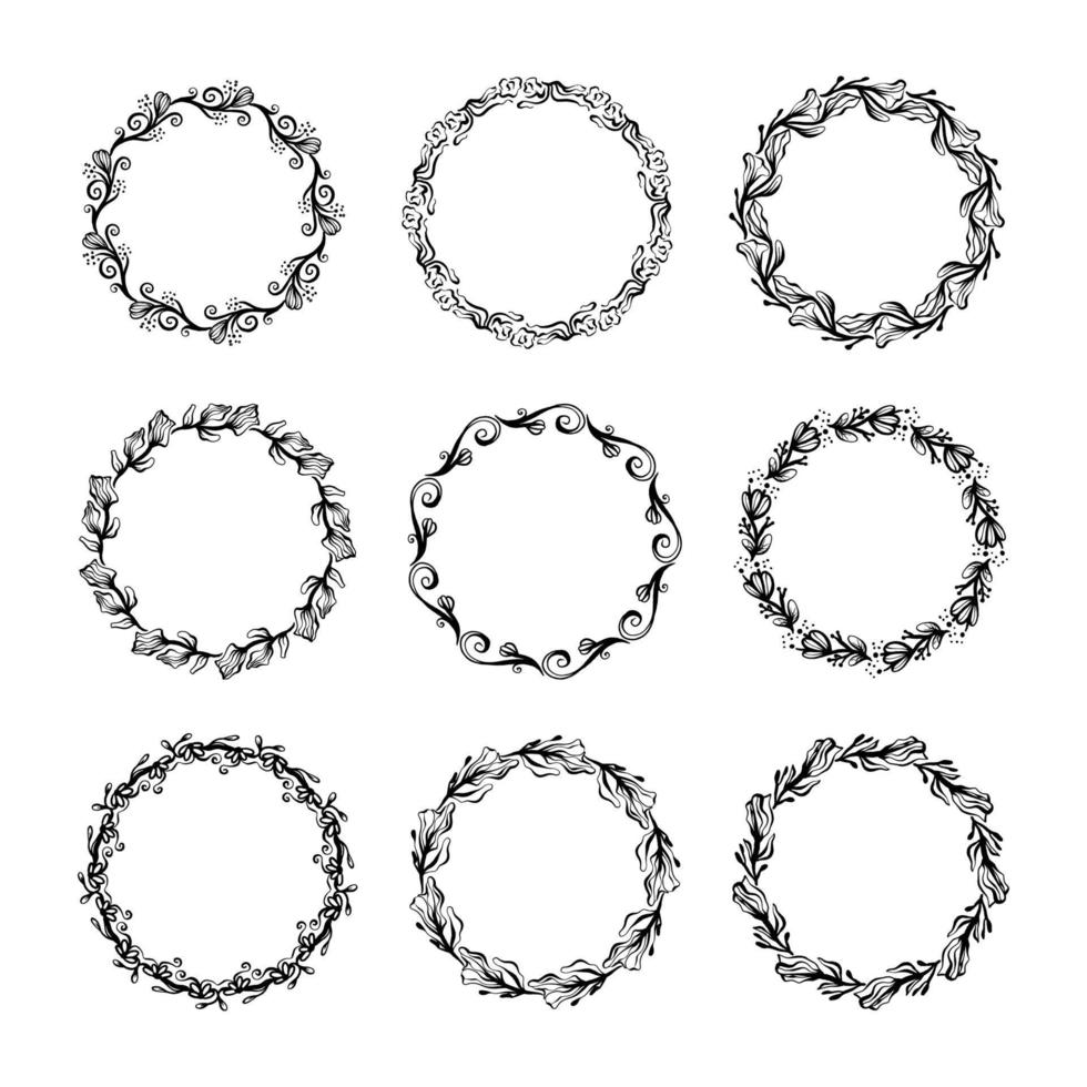 colección de gráficos vectoriales de arte de línea de corona floral dibujados a mano vector