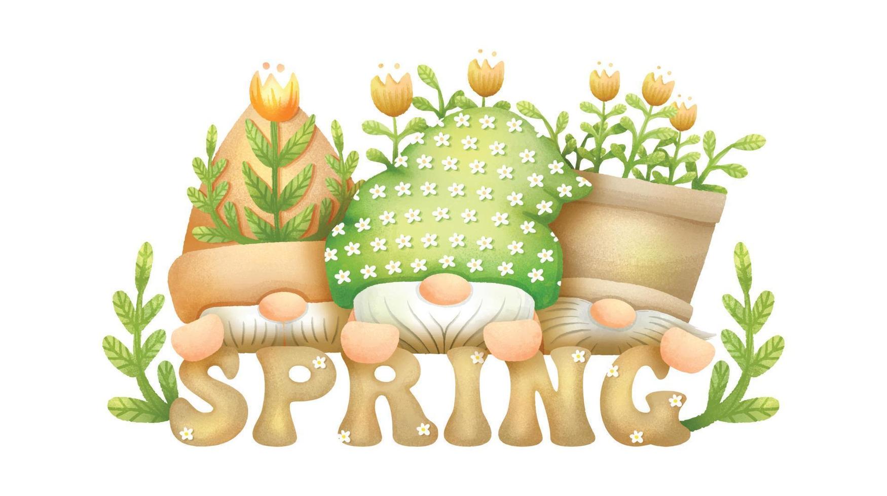 Spring Word Lettering with Gnomes and Flowers Watercolor Composition Graphics 01 vector