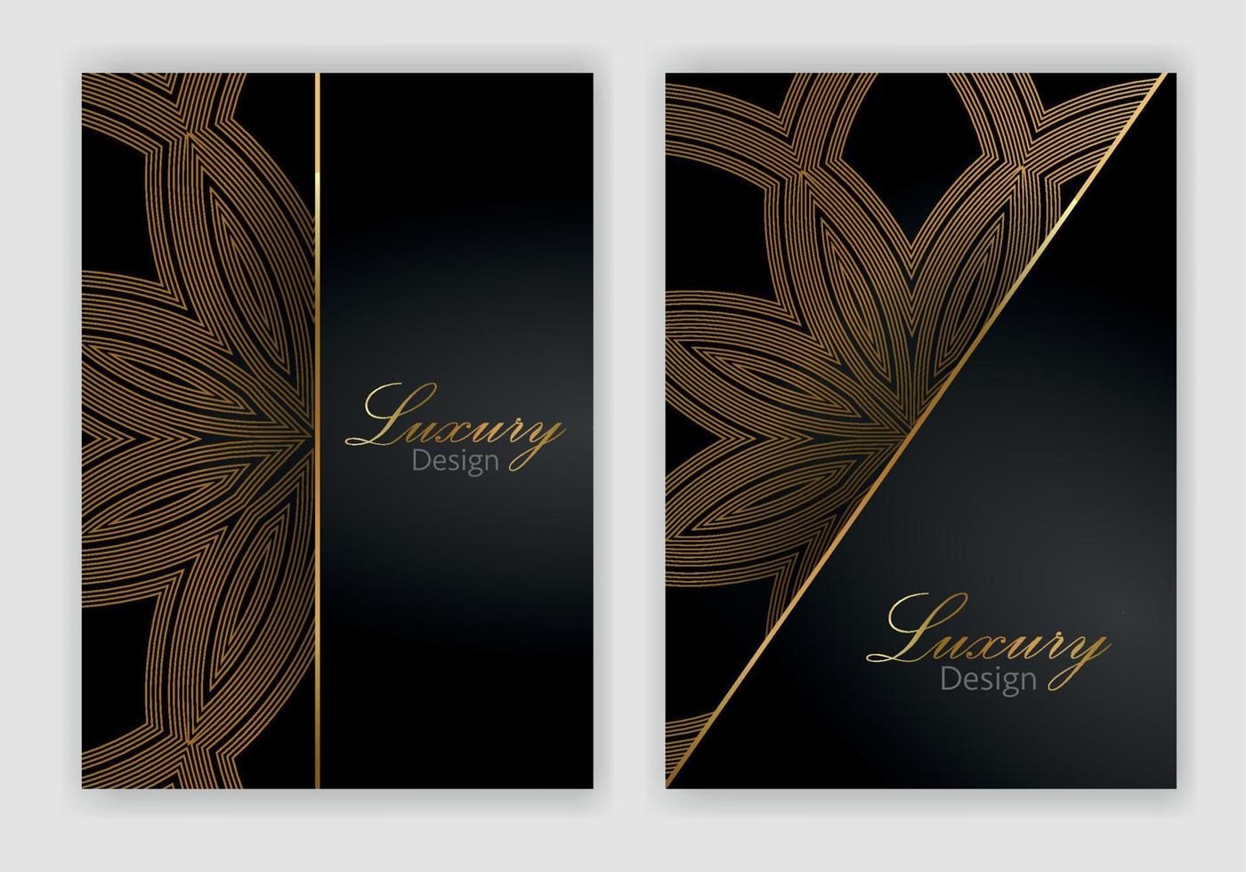 Modern cover design set. Luxury black, gold background with abstract pattern. Premium vector template for menu, invite, brochure template, lux flyer