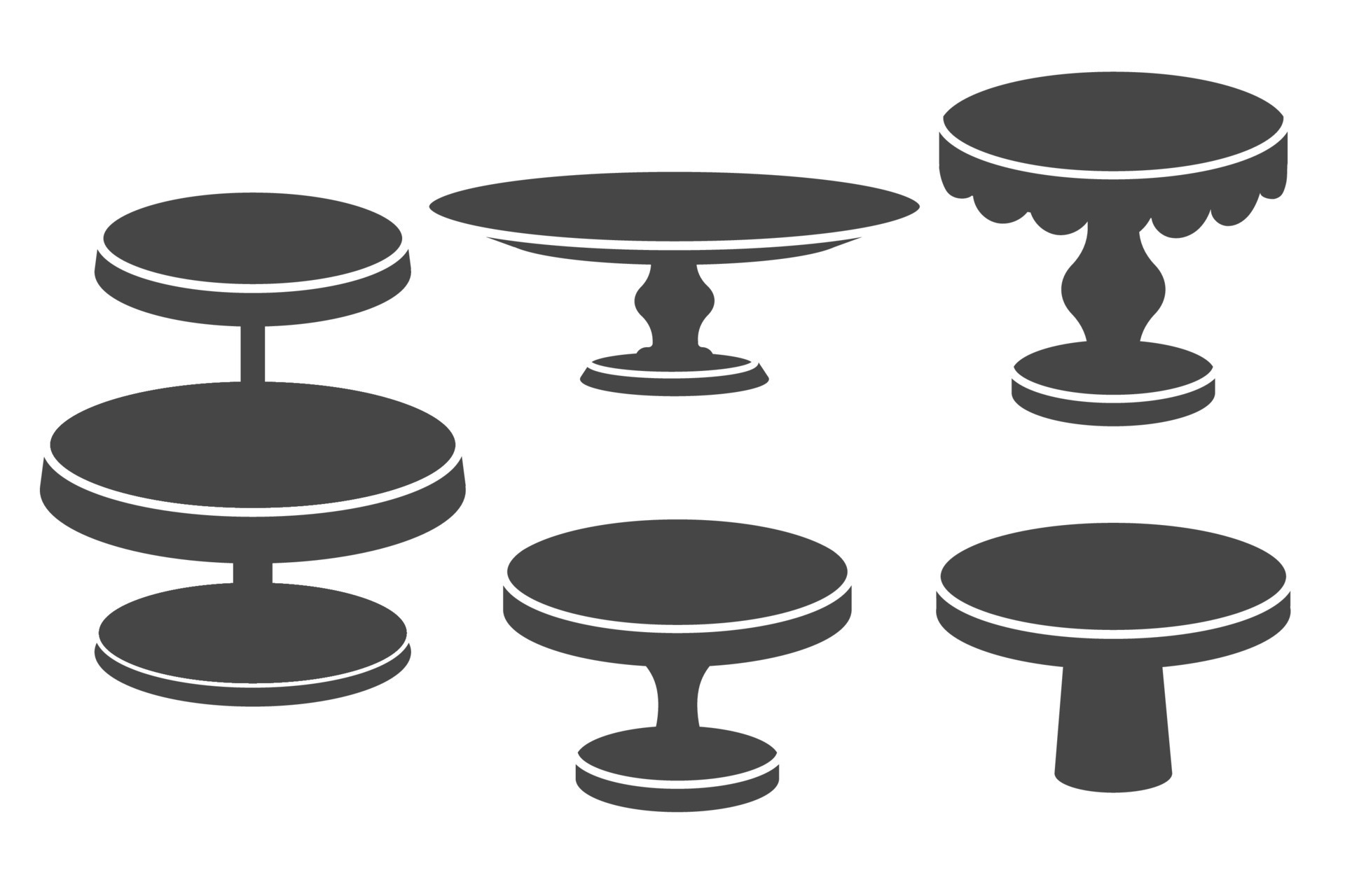 Set of cake stands in flat icon style. Empty trays for fruit and desserts. Vector silhouettes