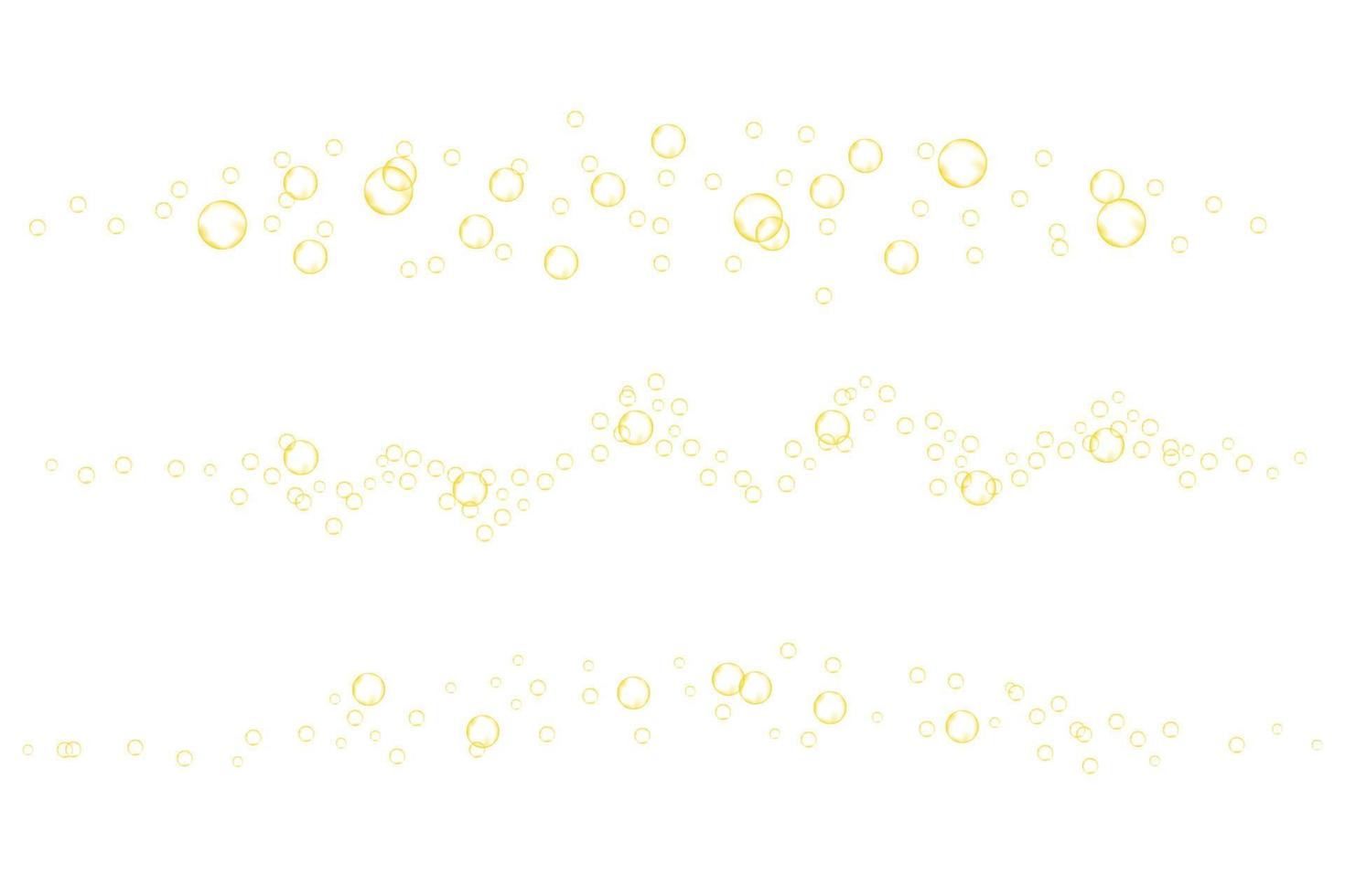 Golden fizzy bubbles of carbonated drink, soda, beer, champagne or wine. Yellow effervescent gas flow. Vector realistic texture