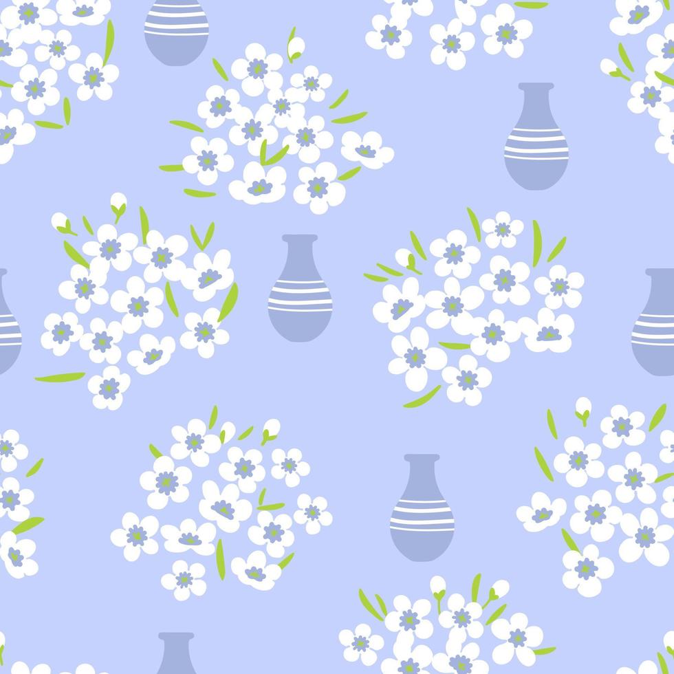 patrón sin costuras de jarrones con flores blancas. ilustración floral aislado en lila vector