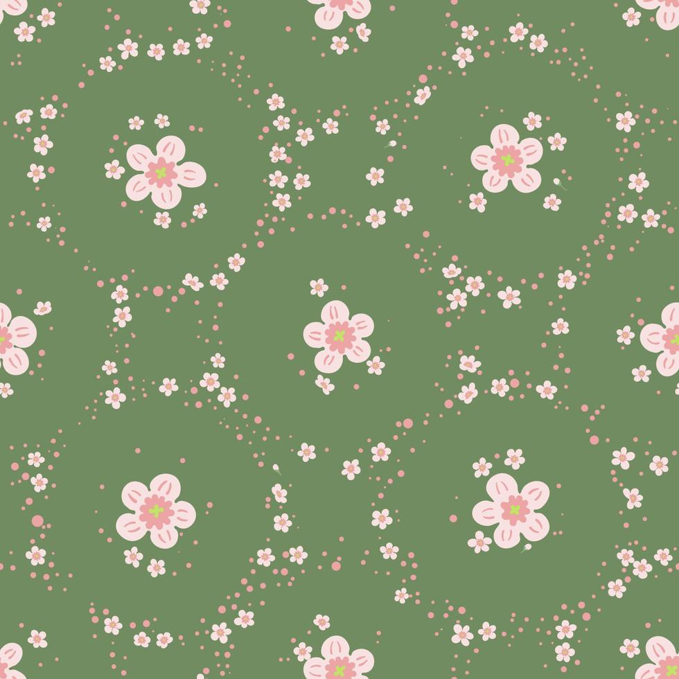 fondo floral de época. patrón impecable con flores rosas grandes y pequeñas sobre fondo verde. diseño para estampados de moda vector