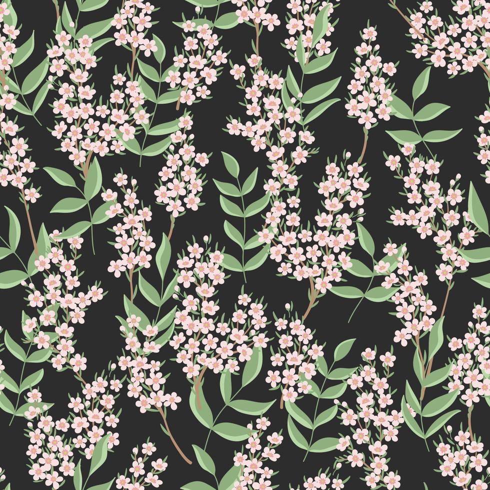 Branches with little flowers on dark background seamless pattern. Floral design for fabric, home textile, wrapping paper, cover vector