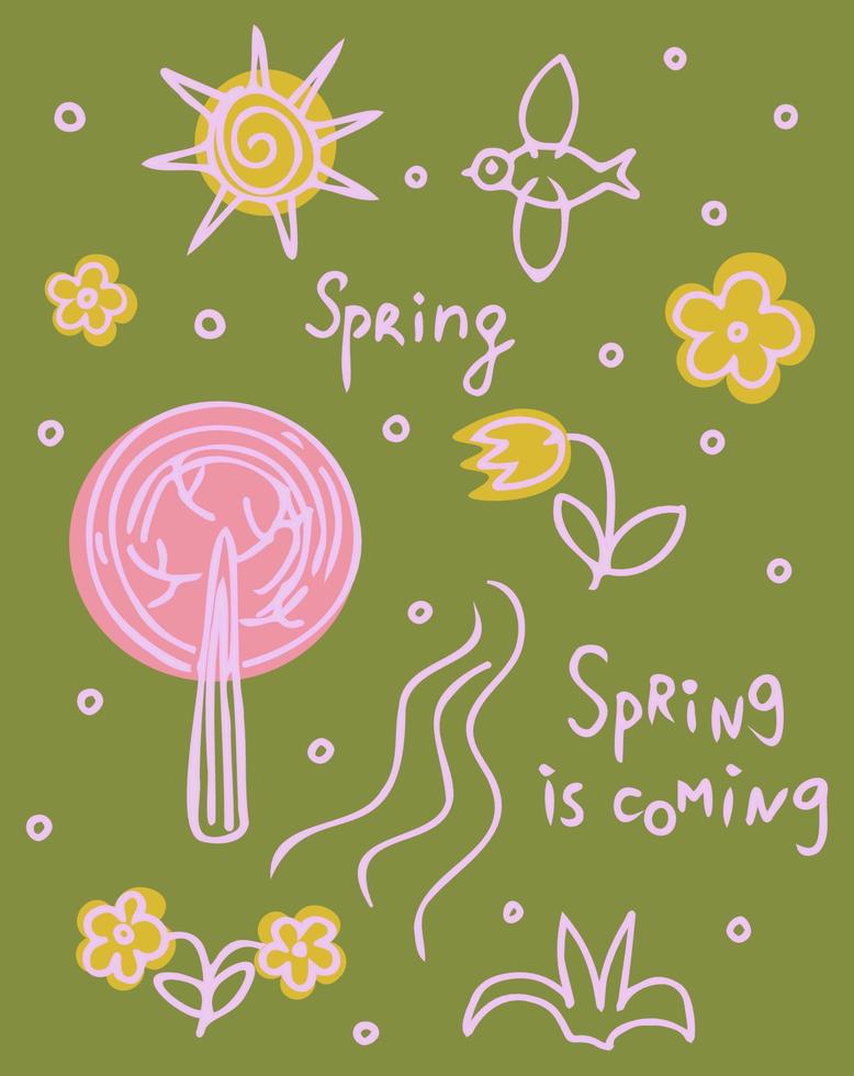 Spring doodle. Cute illustration with sun, bird, stream, flowers, green background, spring mood.For design. Vector