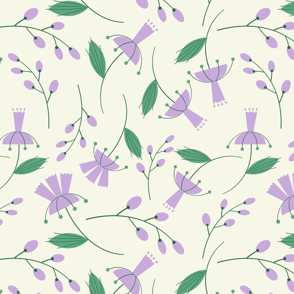 Cute seamless repeat pattern with lilac flowers on light background, fresh spring floral motif. Drawing of bright flowers in a pattern for textiles, wrapping paper and packaging design. Vector